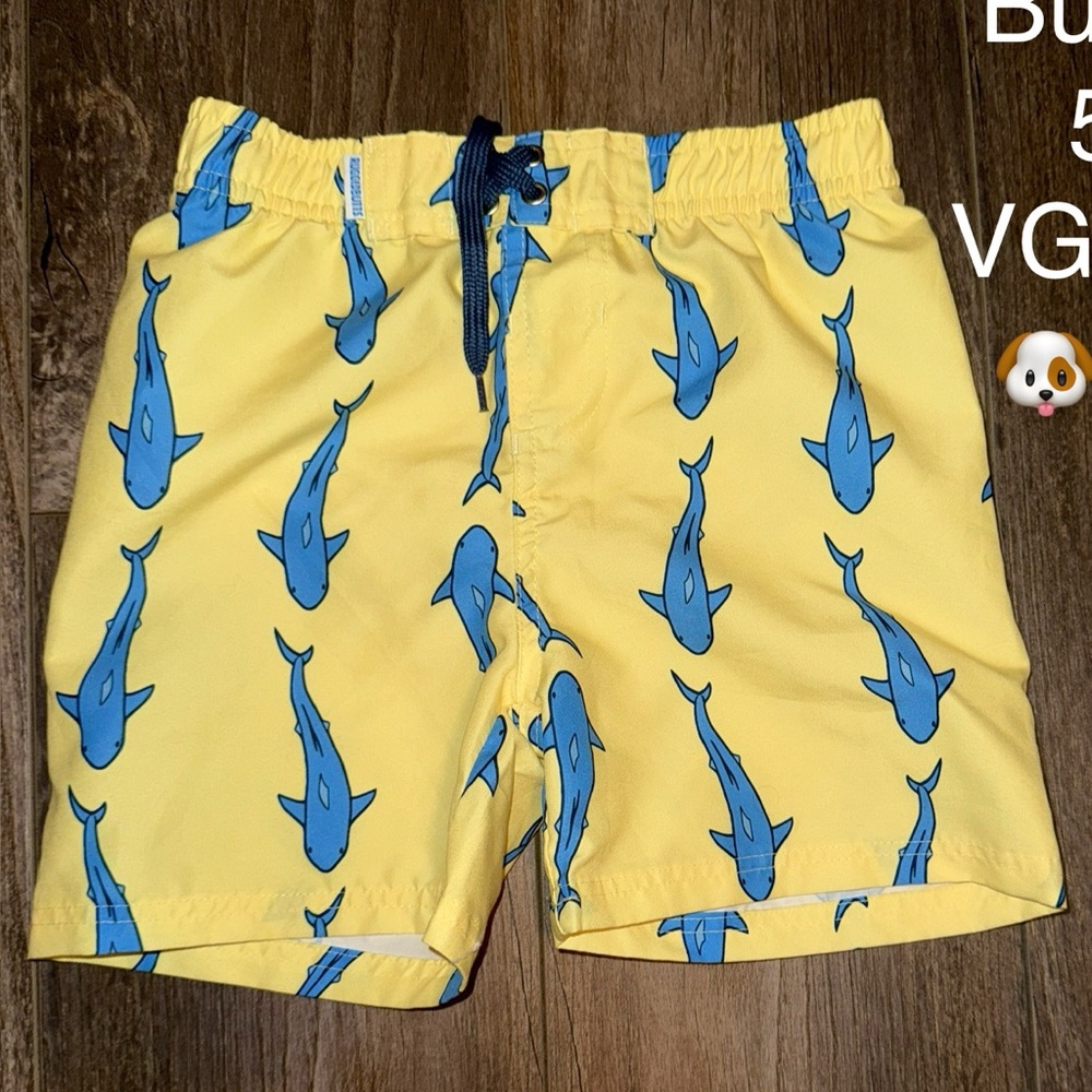 Rugged Butts Yellow Swim Shorts with Blue Shark Print